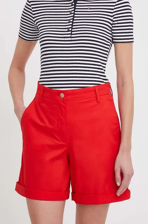 Tommy Hilfiger pantaloni scurți femei, culoarea roșu, uni, high waist WW0WW41769