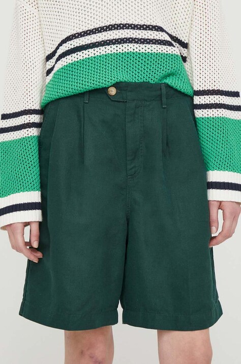 Tommy Hilfiger pantaloni scurți din amestec de in culoarea verde, uni, high waist WW0WW41771