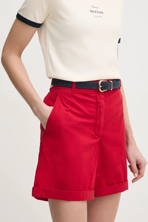 Tommy Hilfiger pantaloni scurti femei, culoarea rosu, neted, high waist, WW0WW42457
