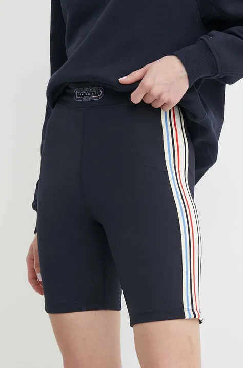 Tommy Hilfiger pantaloni scurți femei, culoarea bleumarin, cu imprimeu, high waist, WW0WW41493