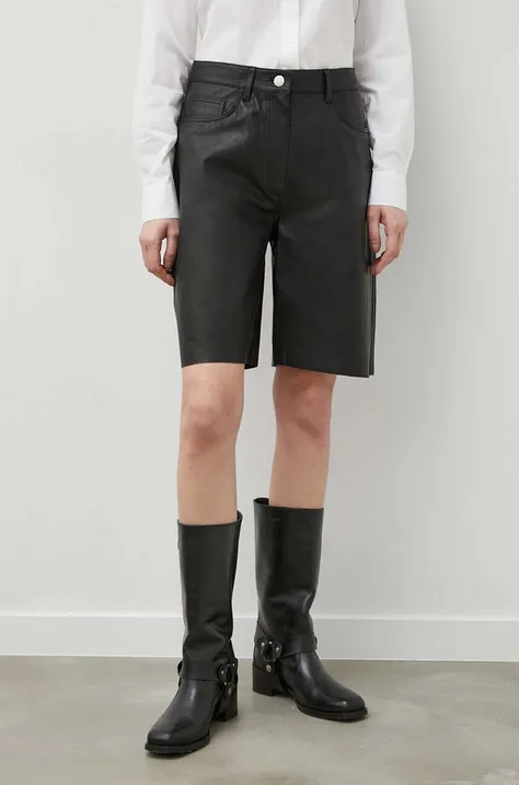 Kožne kratke hlače Samsoe Samsoe za žene, boja: crna, bez uzorka, visoki struk