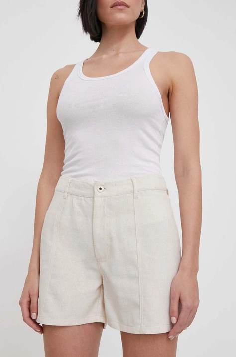 Pepe Jeans pantaloni scurți din amestec de in culoarea bej, neted, high waist