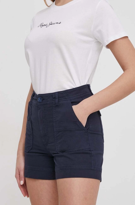 Pepe Jeans pantaloni scurti femei, culoarea albastru marin, neted, high waist