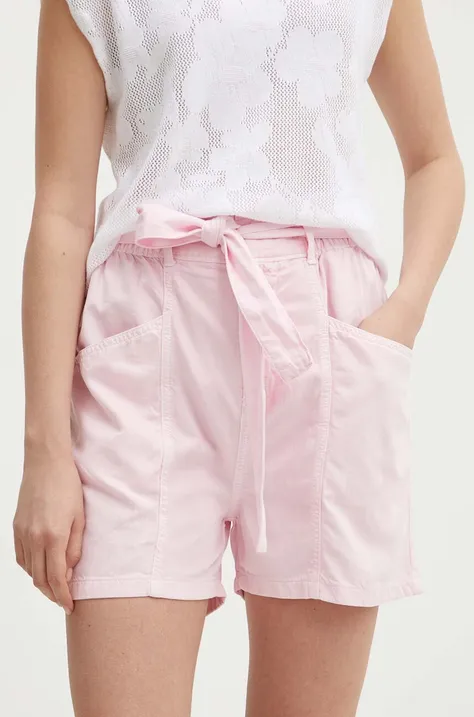 Kraťasy Pepe Jeans VALLE dámské, růžová barva, hladké, high waist, PL801097