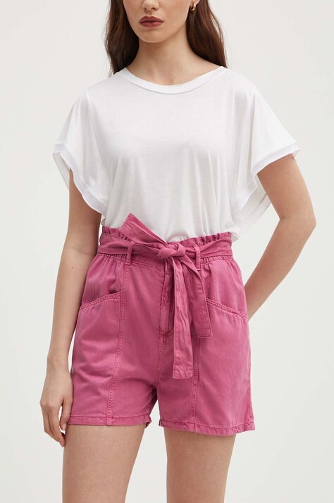 Pepe Jeans pantaloni scurti VALLE femei, culoarea roz, neted, high waist, PL801097