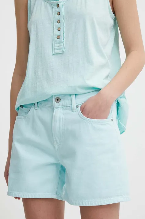 Rifľové krátke nohavice Pepe Jeans dámske, tyrkysová farba, jednofarebné, vysoký pás