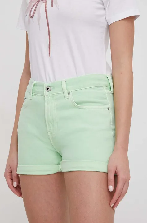 Rifľové krátke nohavice Pepe Jeans STRAIGHT SHORT HW dámske, zelená farba, jednofarebné, vysoký pás, PL801108YH1
