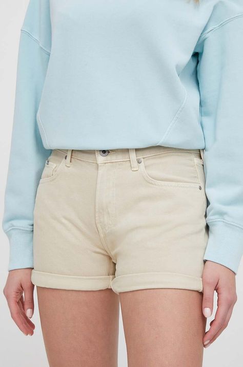 Τζιν σορτς Pepe Jeans STRAIGHT SHORT HW χρώμα: μπεζ PL801108YH1