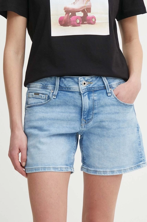 Дънков къс панталон Pepe Jeans RELAXED SHORT MW в синьо с изчистен дизайн с висока талия PL801109MP2