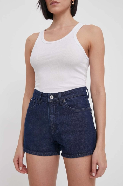 Džínové šortky Pepe Jeans dámské, tmavomodrá barva, hladké, high waist