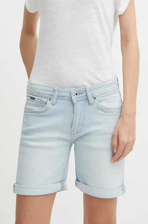 Pepe Jeans szorty jeansowe SLIM SHORT MW damskie kolor niebieski gładkie medium waist PL801120RH6