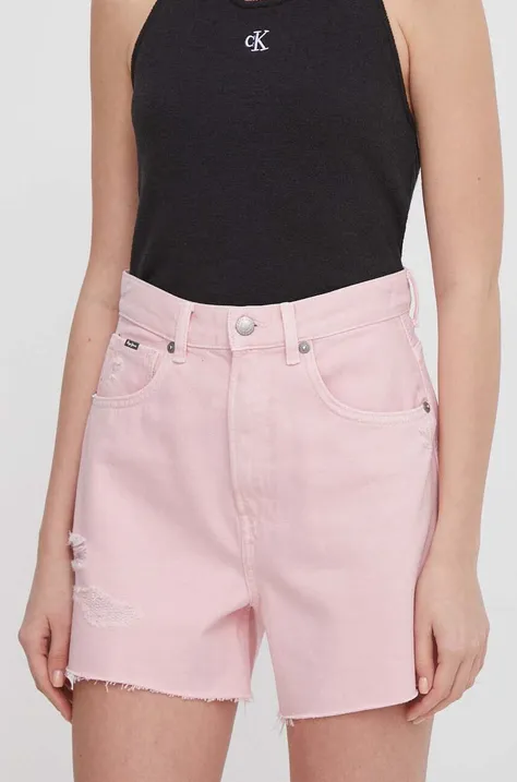 Rifľové krátke nohavice Pepe Jeans dámske, ružová farba, jednofarebné, vysoký pás