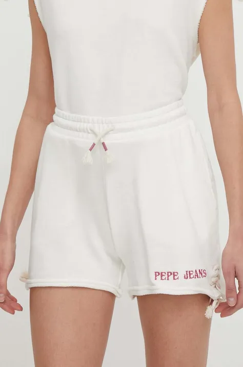 Хлопковые шорты Pepe Jeans Kendall цвет бежевый с аппликацией высокая посадка