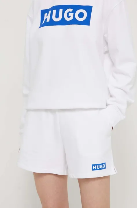 Hugo Blue szorty bawełniane kolor biały z nadrukiem high waist 50515824
