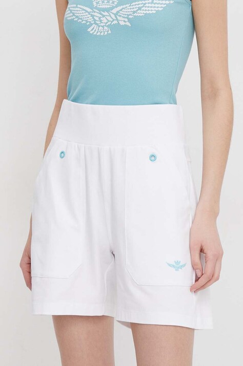 Aeronautica Militare pantaloni scurti femei, culoarea alb, neted, high waist