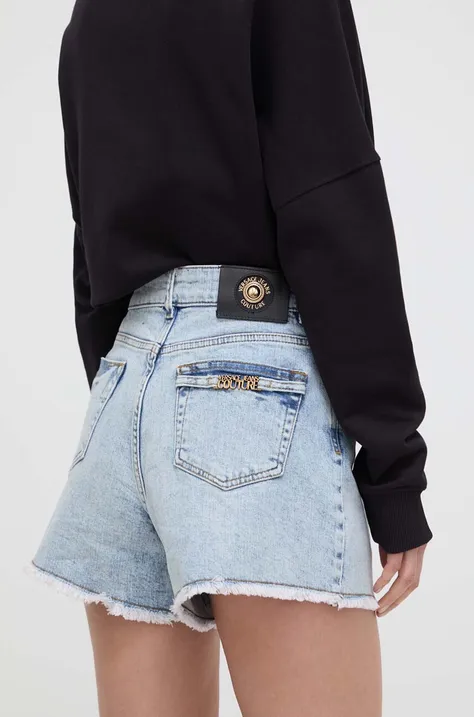 Rifľové krátke nohavice Versace Jeans Couture dámske, jednofarebné, vysoký pás, 76HAD541 CDW95