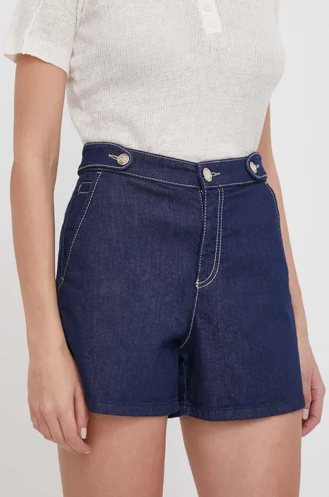 Emporio Armani pantaloni scurti jeans femei, culoarea albastru marin, neted, high waist