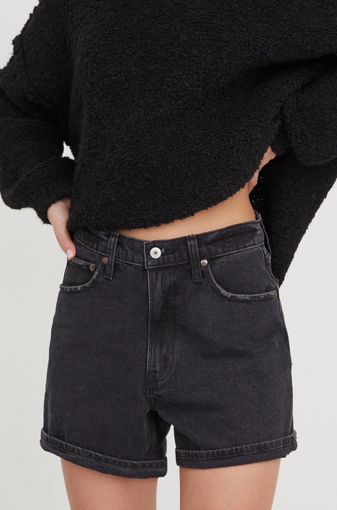 Abercrombie & Fitch pantaloni scurti jeans femei, culoarea negru, neted, high waist