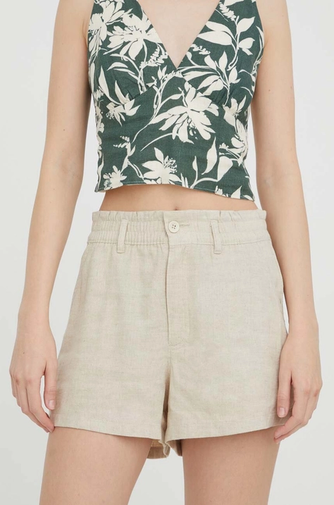 Hollister Co. szorty lniane kolor beżowy gładkie high waist