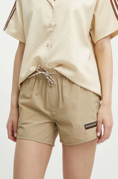 Kratke hlače Napapijri N-Boyd za žene, boja: bež, s aplikacijom, srednje visoki struk, NP0A4HNNN1E1