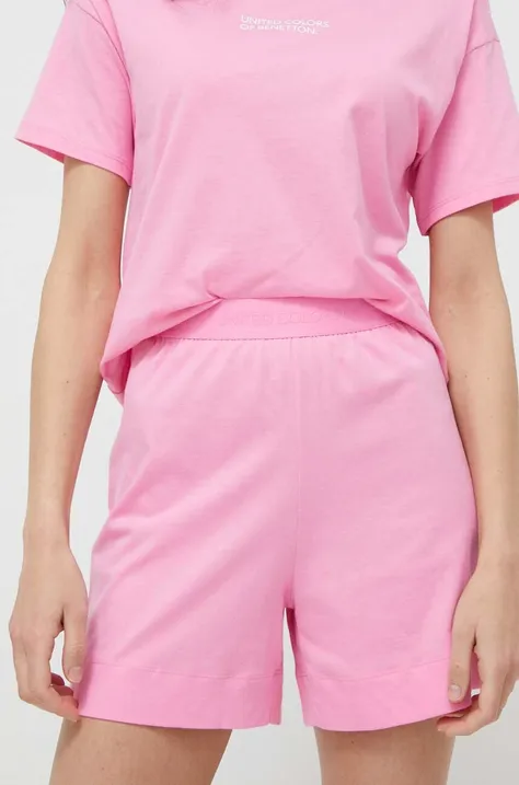 United Colors of Benetton pamut rövidnadrág otthoni viseletre rózsaszín, sima, magas derekú