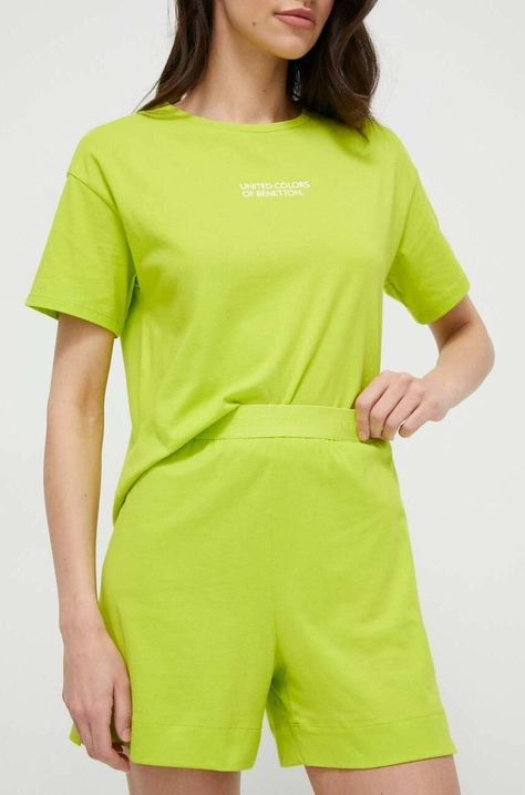 United Colors of Benetton pantaloni scurți din bumbac lounge culoarea verde, neted, high waist