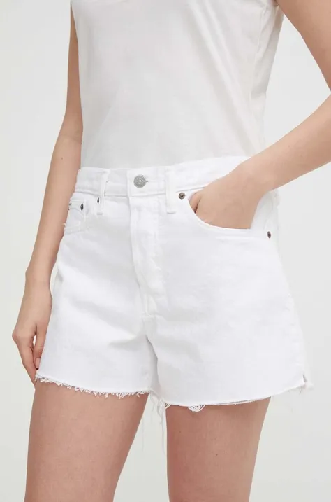 Polo Ralph Lauren pantaloni scurti jeans femei, culoarea alb, neted, high waist, 211934947