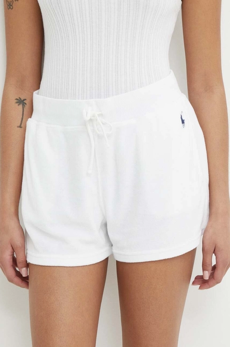 Polo Ralph Lauren pantaloni scurti femei, culoarea alb, neted, high waist, 211936222