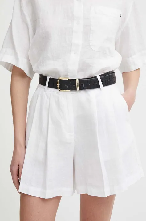 Sisley szorty lniane kolor biały gładkie high waist