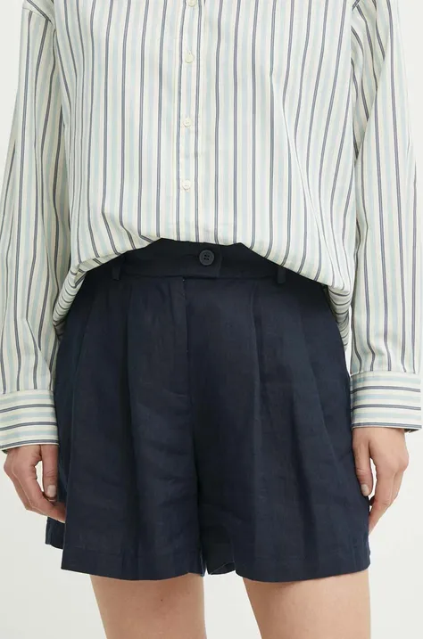Ľanové šortky Sisley tmavomodrá farba, jednofarebné, vysoký pás