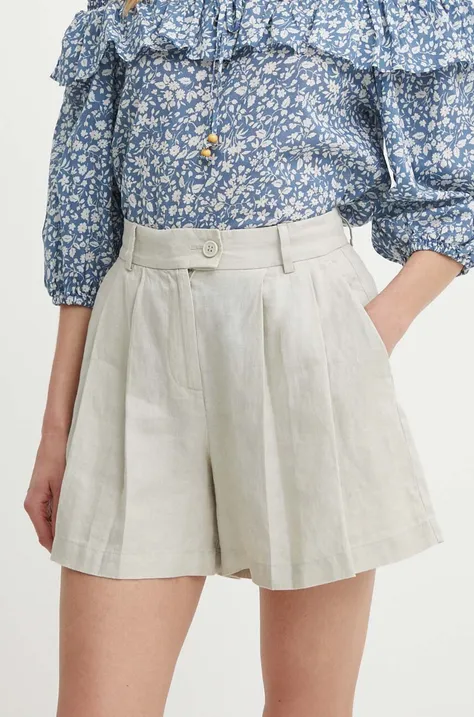 Ľanové šortky Sisley béžová farba, jednofarebné, vysoký pás