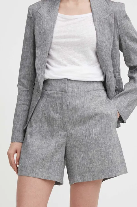 Ľanové šortky Sisley šedá farba, jednofarebné, vysoký pás