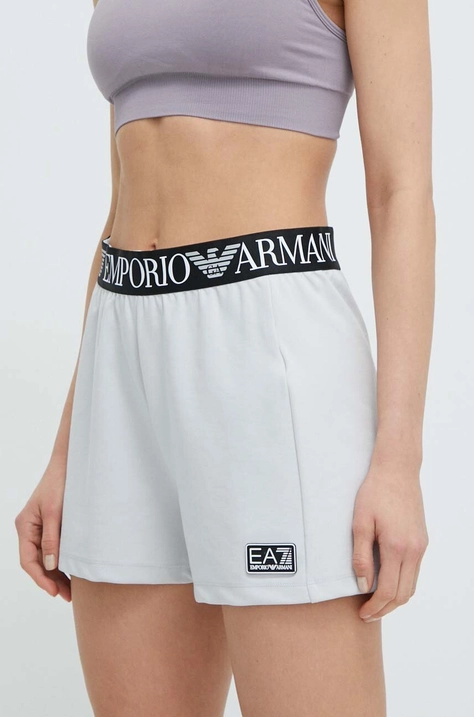 Šortky EA7 Emporio Armani dámske, šedá farba, s potlačou, vysoký pás