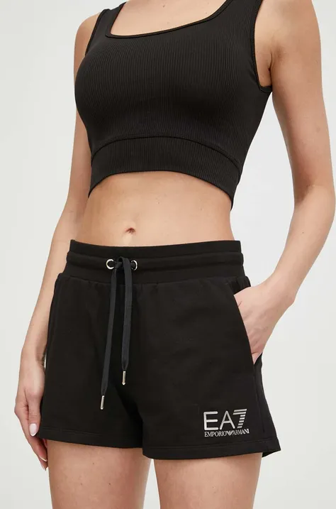 Kratke hlače EA7 Emporio Armani za žene, boja: crna, s tiskom, srednje visoki struk