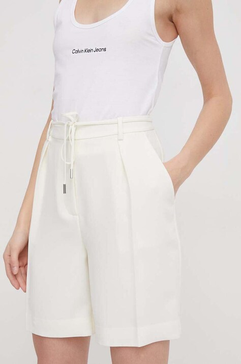 Calvin Klein pantaloni scurți femei, culoarea bej, uni, high waist K20K206651