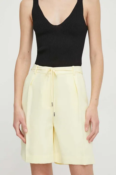 Calvin Klein pantaloni scurti femei, culoarea galben, neted, high waist