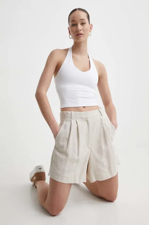 Abercrombie & Fitch szorty lniane kolor beżowy gładkie high waist