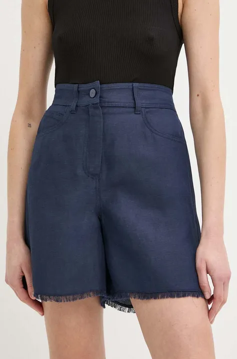 Kratke hlače s dodatkom lana Marella boja: tamno plava, bez uzorka, visoki struk
