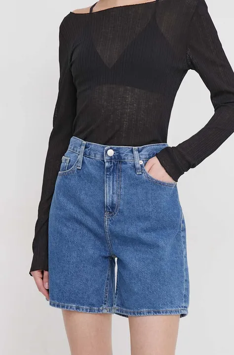 Rifľové krátke nohavice Calvin Klein Jeans dámske,jednofarebné,vysoký pás,J20J222801
