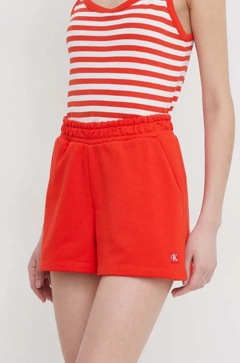 Šortky Calvin Klein Jeans dámske,oranžová farba,jednofarebné,vysoký pás,J20J223418