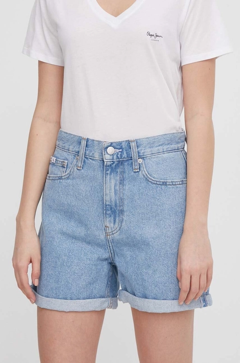 Calvin Klein Jeans szorty jeansowe damskie kolor niebieski gładkie high waist