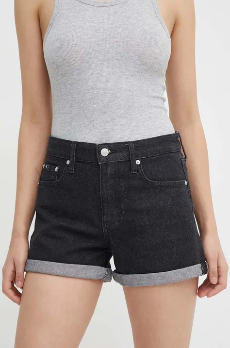 Rifľové krátke nohavice Calvin Klein Jeans dámske, čierna farba, jednofarebné, vysoký pás, J20J222808
