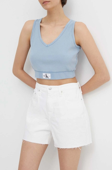 Džínové šortky Calvin Klein Jeans dámské, béžová barva, hladké, high waist, J20J222811