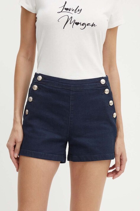 Morgan pantaloni scurti jeans SHIVAL femei, culoarea albastru marin, neted, high waist, SHIVAL