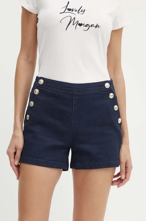 Morgan szorty jeansowe SHIVAL damskie kolor granatowy gładkie high waist SHIVAL