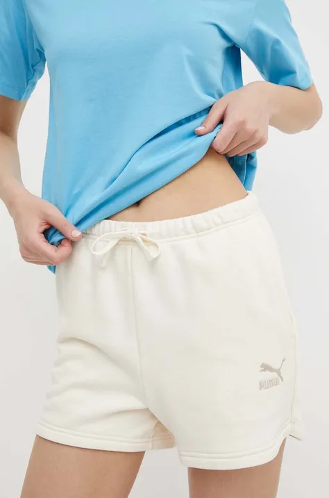 Памучен къс панталон Puma BETTER CLASSIC в бежово с апликация с висока талия 624236