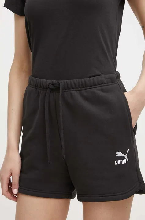 Puma pantaloni scurti din bumbac BETTER CLASSIC culoarea negru, cu imprimeu, high waist, 624236