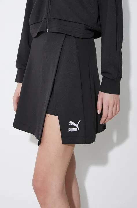 Kalhotová sukně Puma T7 černá barva, s aplikací, medium waist, 624542