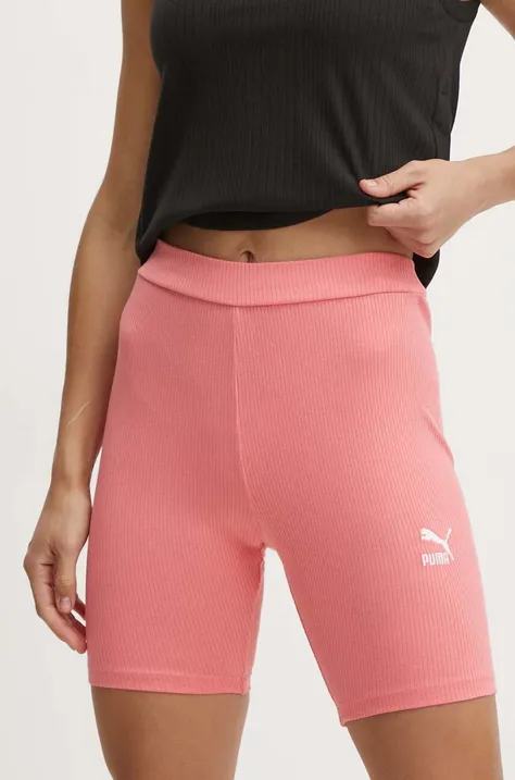 Puma pantaloni scurti femei, culoarea roz, cu imprimeu, high waist, 624267