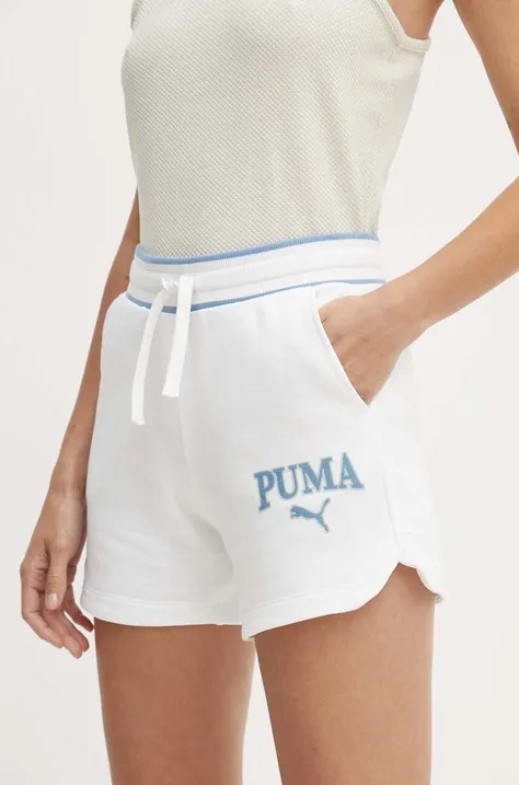 Šortky Puma SQUAD dámske, biela farba, s potlačou, vysoký pás, 678704